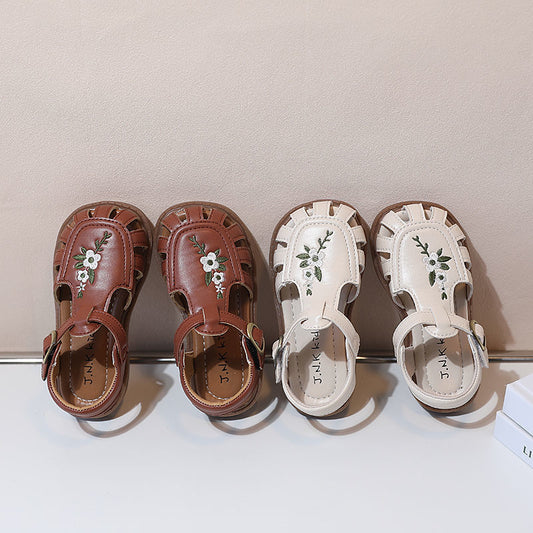 Girls Solid Color Embroidered Sandals Retro